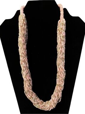 Vintage-Inspired Pink & Gold Multi-Strand Seed Bead Statement Necklace - Boho